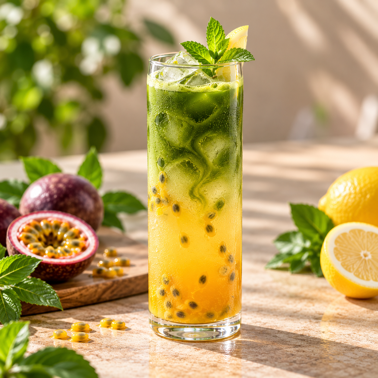 Vrstvený matcha-passion ovocný nápoj
